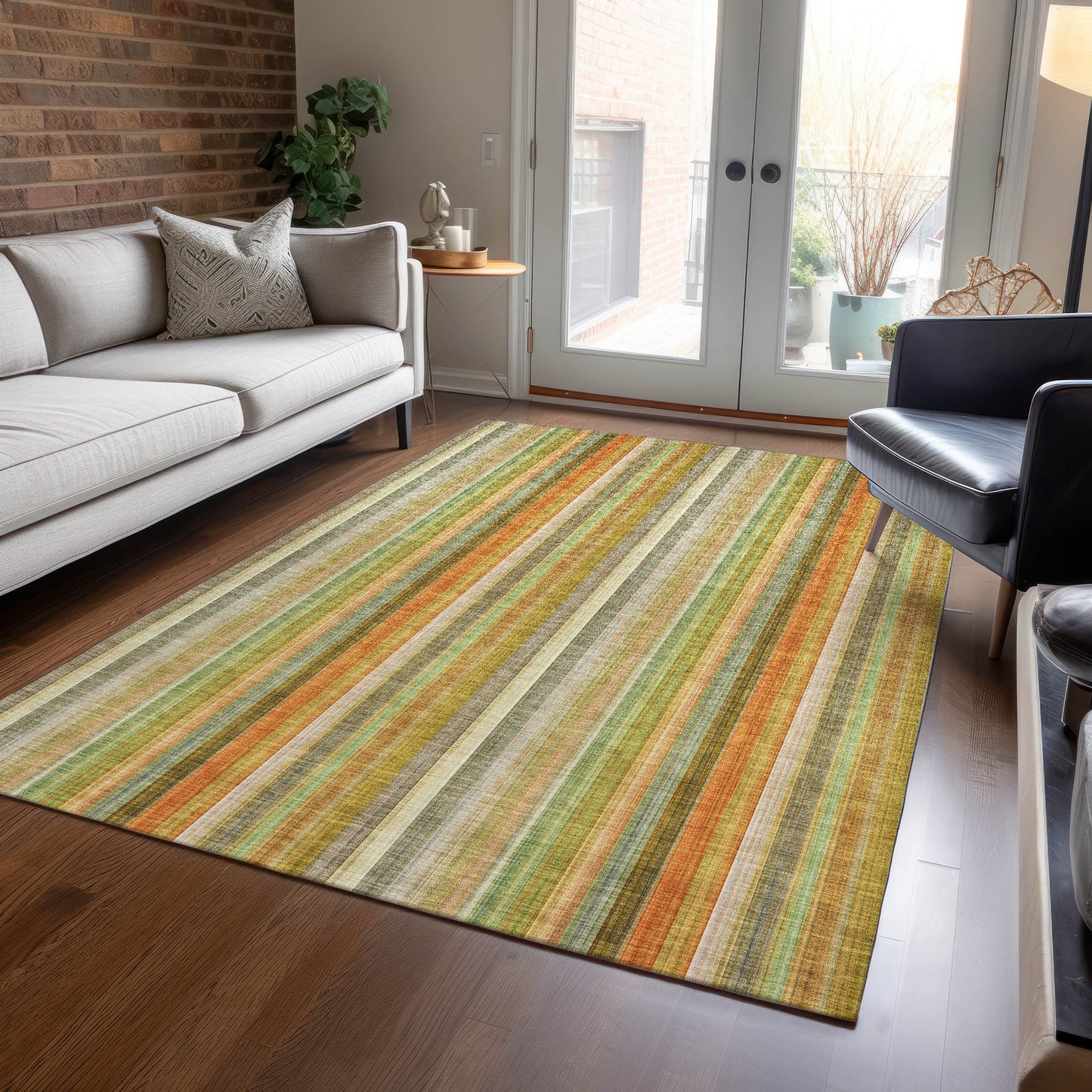 5' X 8' Tan Orange and Green Striped Washable Non Skid Indoor Outdoor Area Rug