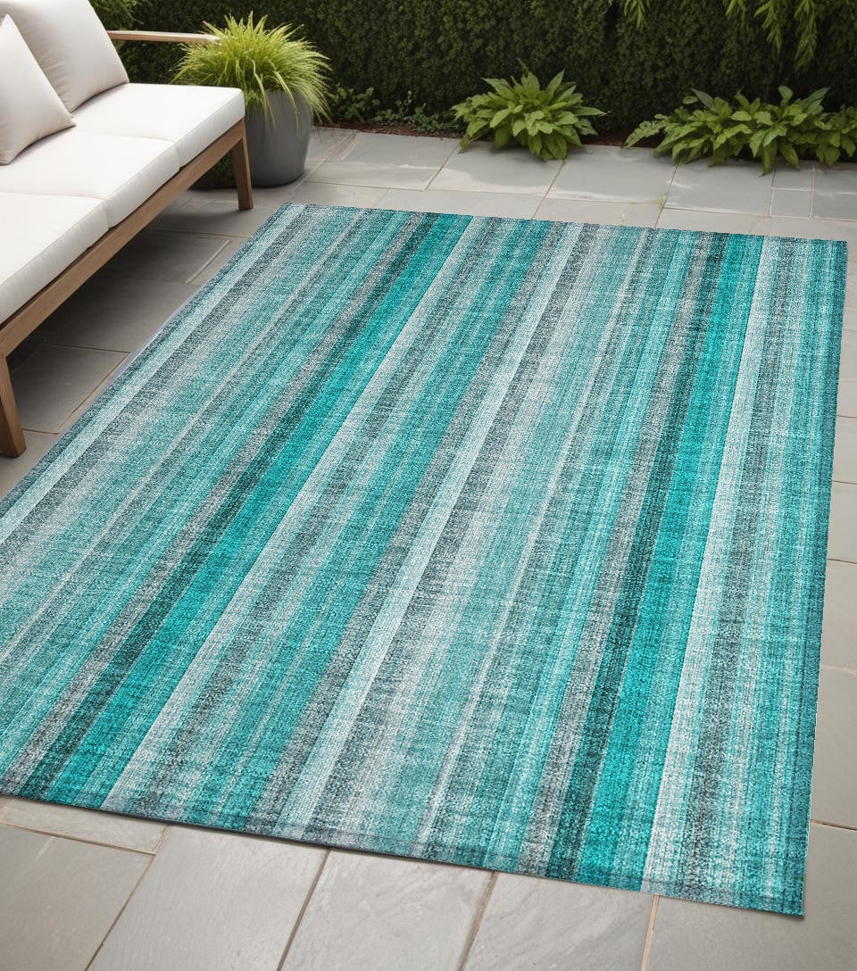 5' X 8' Teal and Gray Striped Washable Non Skid Indoor Outdoor Area Rug