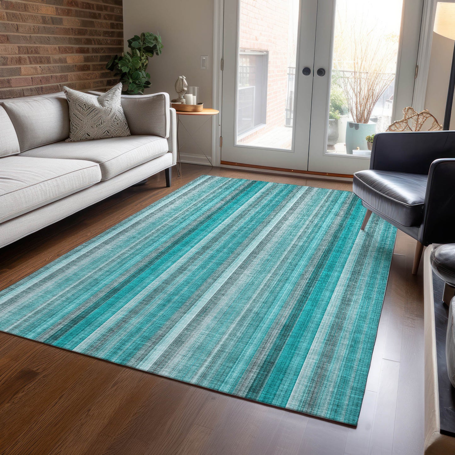 5' X 8' Teal and Gray Striped Washable Non Skid Indoor Outdoor Area Rug