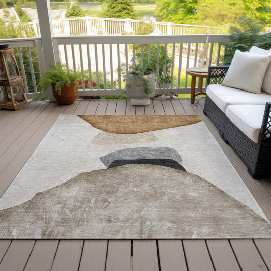 5' X 8' Tan Brown and Gray Abstract Washable Non Skid Indoor Outdoor Area Rug