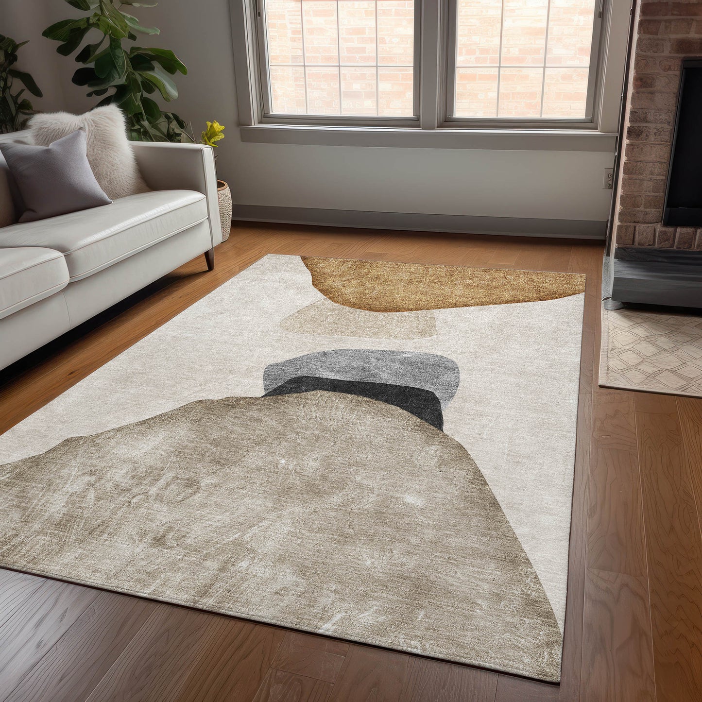 5' X 8' Tan Brown and Gray Abstract Washable Non Skid Indoor Outdoor Area Rug