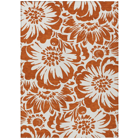 5' X 8' Rust and Ivory Floral Washable Non Skid Indoor Outdoor Area Rug