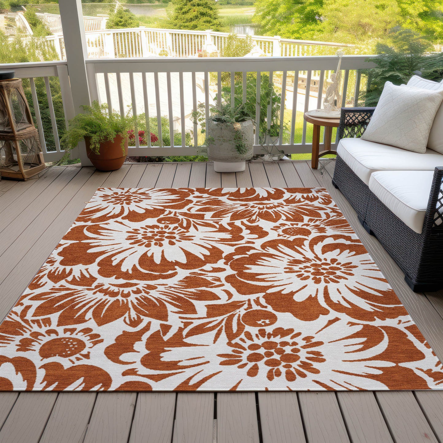 5' X 8' Rust and Ivory Floral Washable Non Skid Indoor Outdoor Area Rug