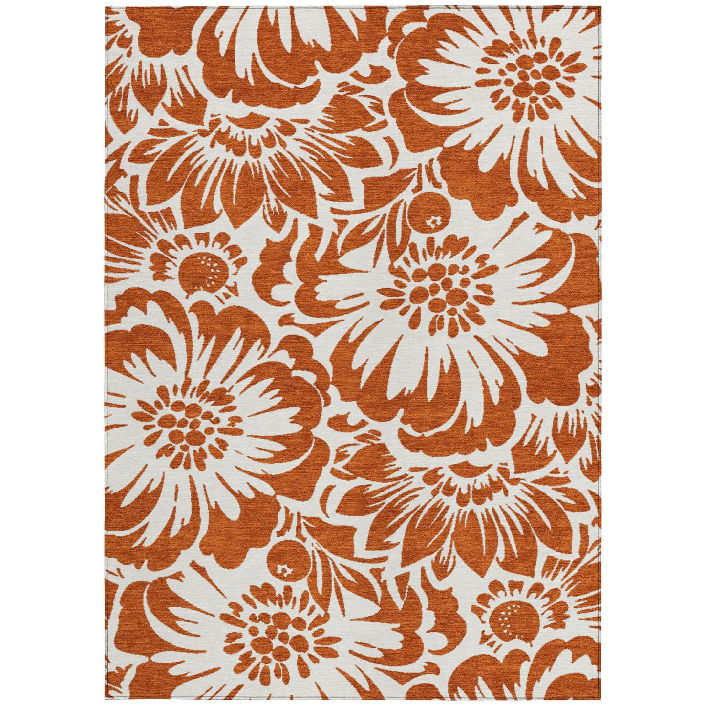 5' X 8' Rust and Ivory Floral Washable Non Skid Indoor Outdoor Area Rug