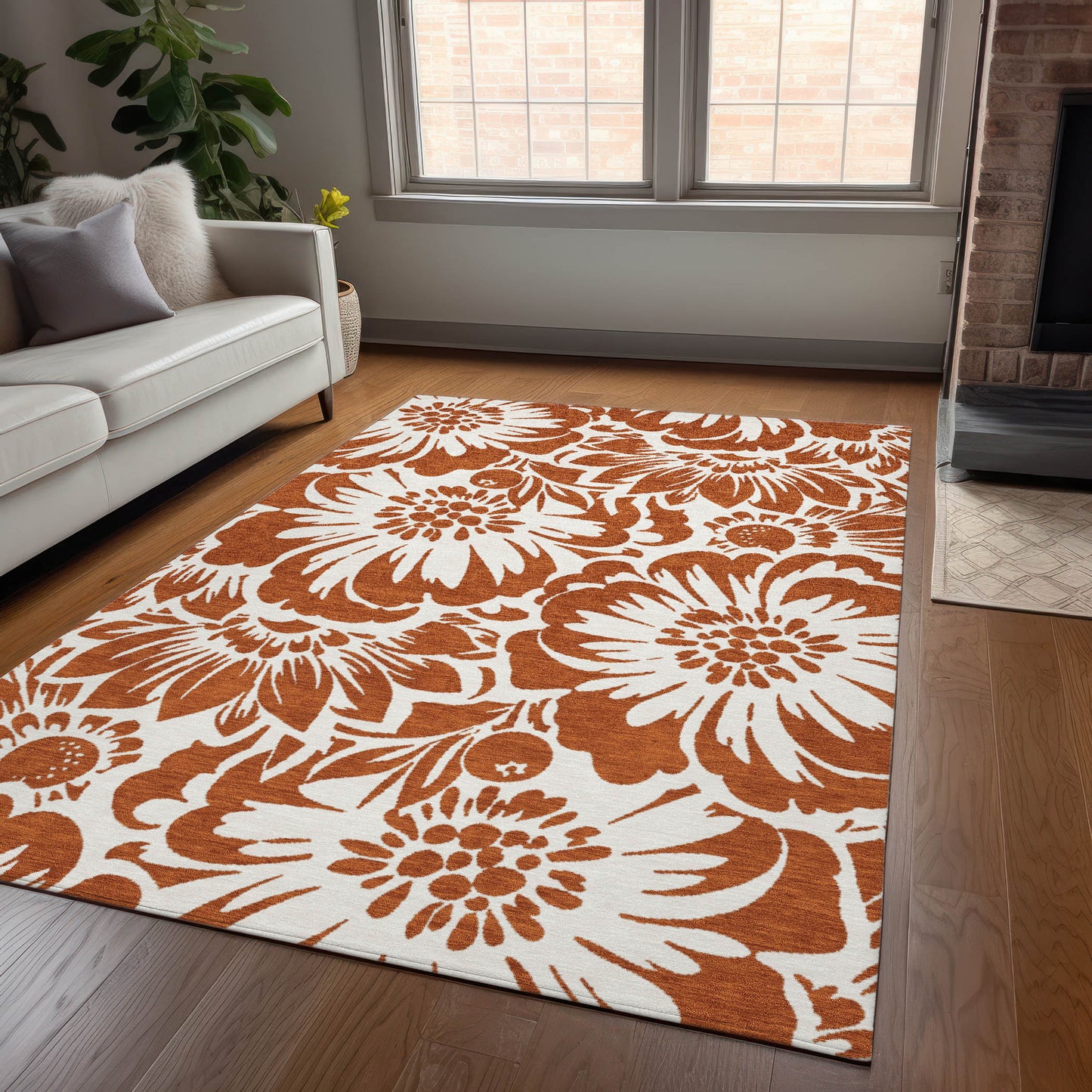 5' X 8' Rust and Ivory Floral Washable Non Skid Indoor Outdoor Area Rug