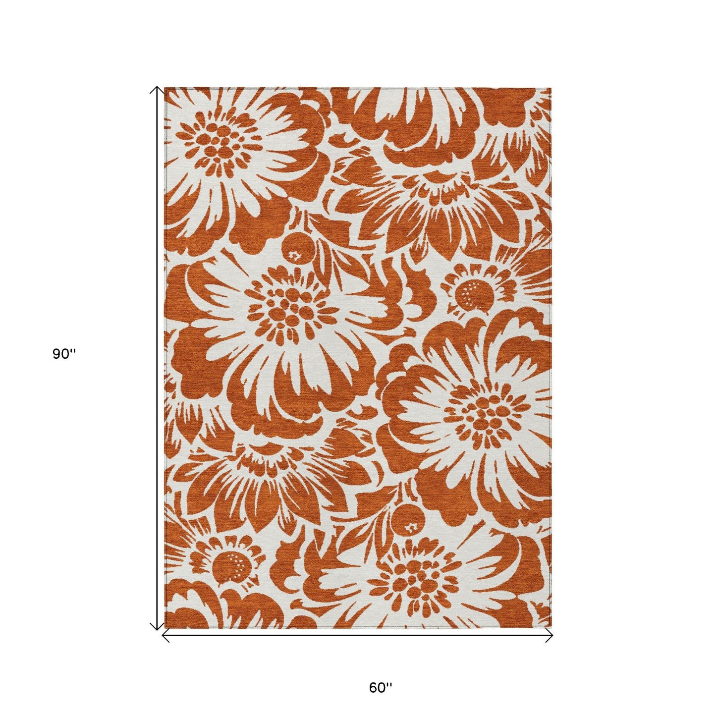 5' X 8' Rust and Ivory Floral Washable Non Skid Indoor Outdoor Area Rug