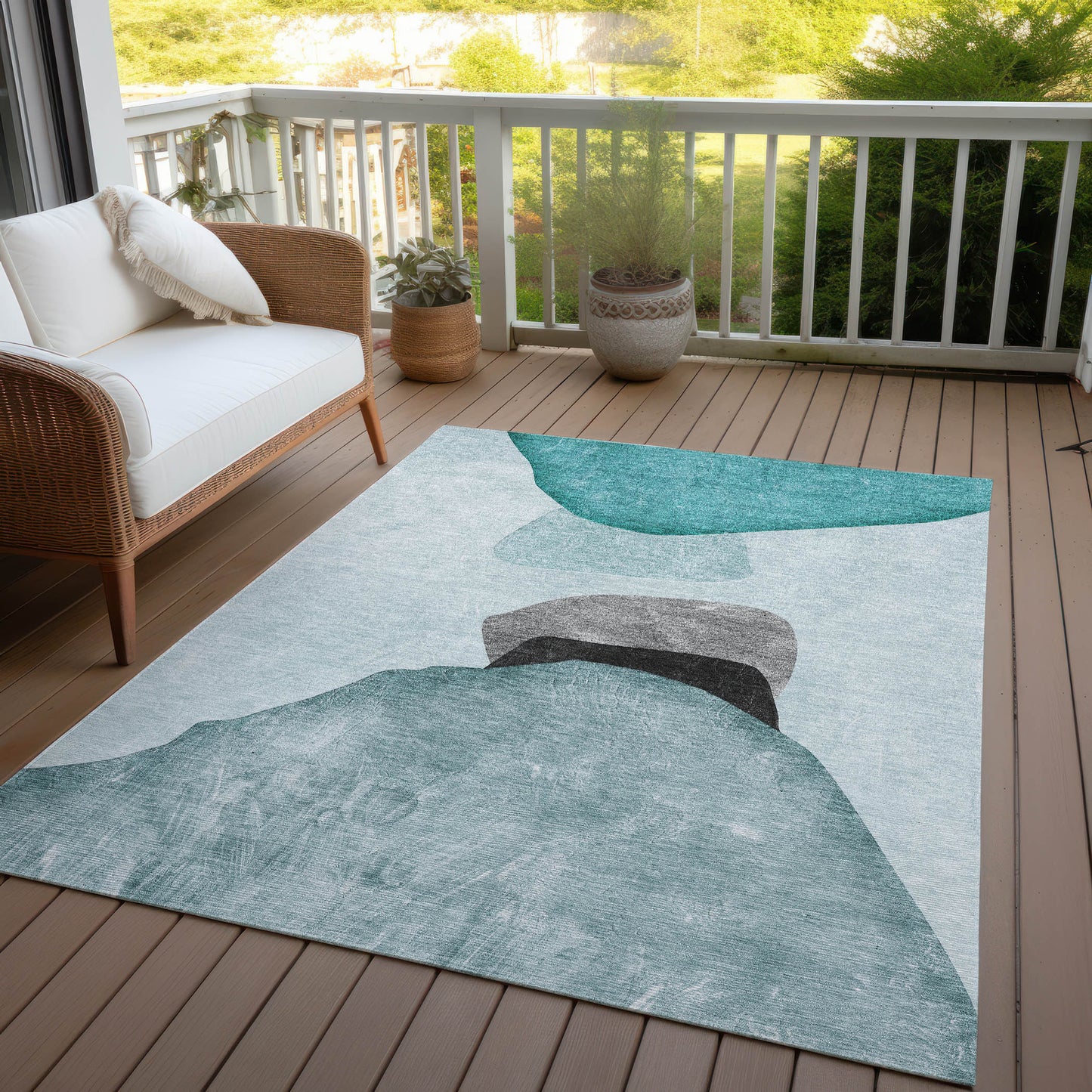 5' X 8' Ivory Teal and Gray Abstract Washable Non Skid Indoor Outdoor Area Rug