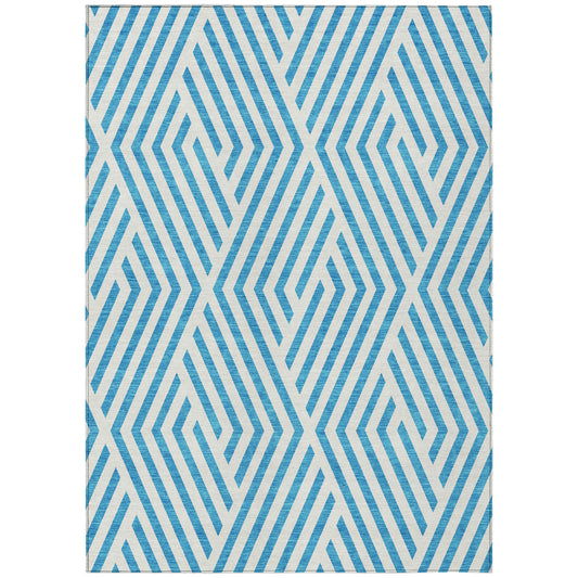 5' X 8' Teal and White Geometric Washable Non Skid Indoor Outdoor Area Rug