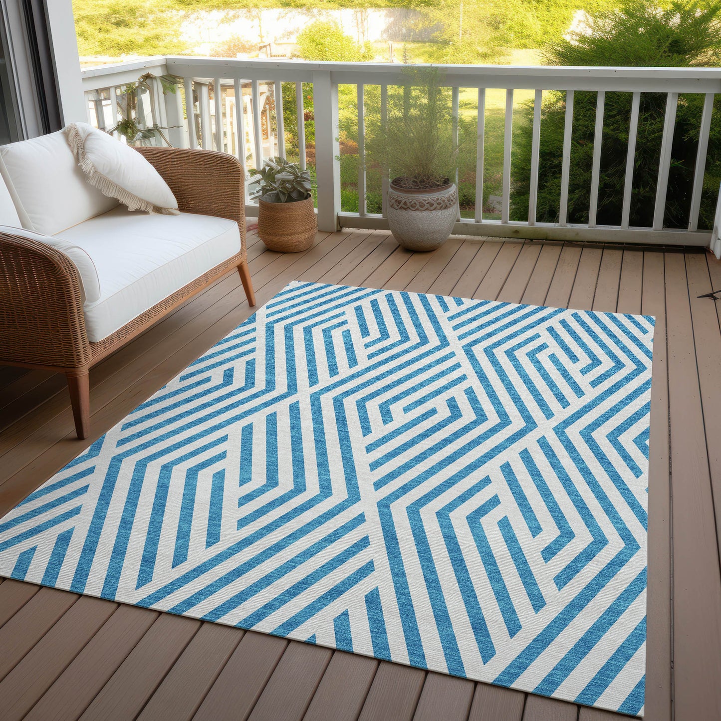 5' X 8' Teal and White Geometric Washable Non Skid Indoor Outdoor Area Rug