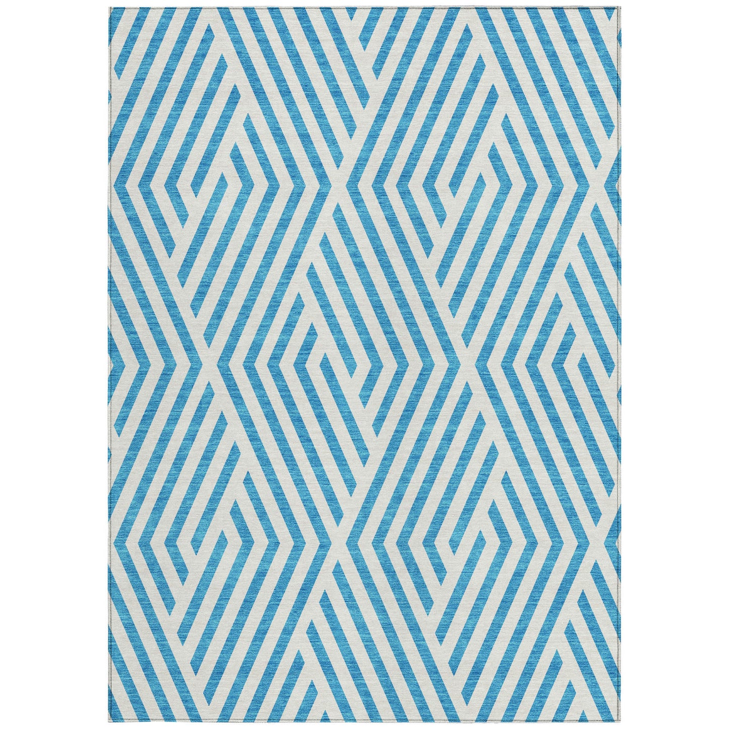 5' X 8' Teal and White Geometric Washable Non Skid Indoor Outdoor Area Rug