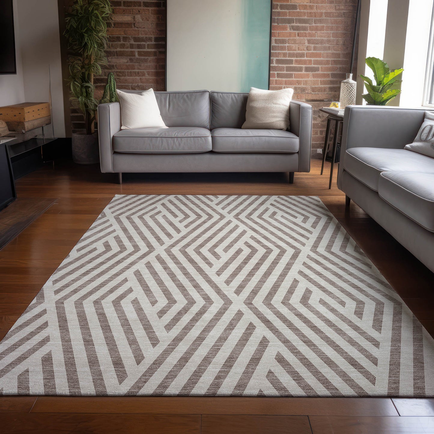 5' X 8' Taupe and Ivory Geometric Washable Non Skid Indoor Outdoor Area Rug