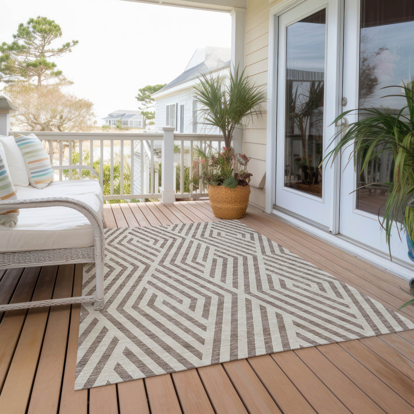 5' X 8' Taupe and Ivory Geometric Washable Non Skid Indoor Outdoor Area Rug