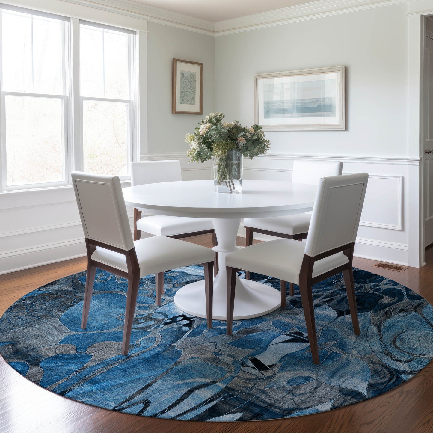 8' X 8' Blue and Gray Round Abstract Washable Indoor Outdoor Area Rug