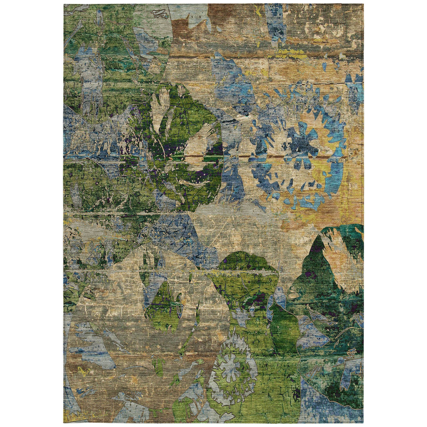 5' X 8' Taupe Blue and Green Floral Washable Non Skid Indoor Outdoor Area Rug