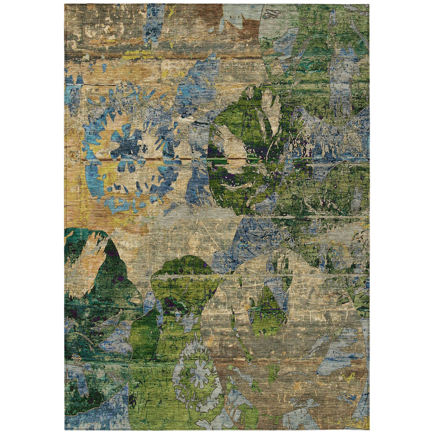 5' X 8' Taupe Blue and Green Floral Washable Non Skid Indoor Outdoor Area Rug