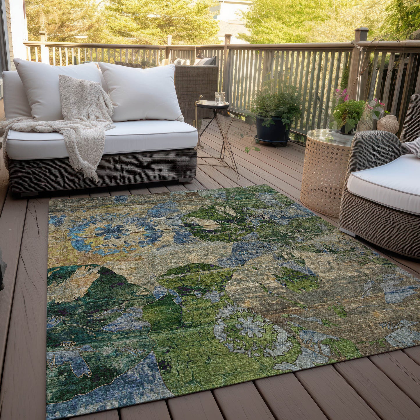 5' X 8' Taupe Blue and Green Floral Washable Non Skid Indoor Outdoor Area Rug