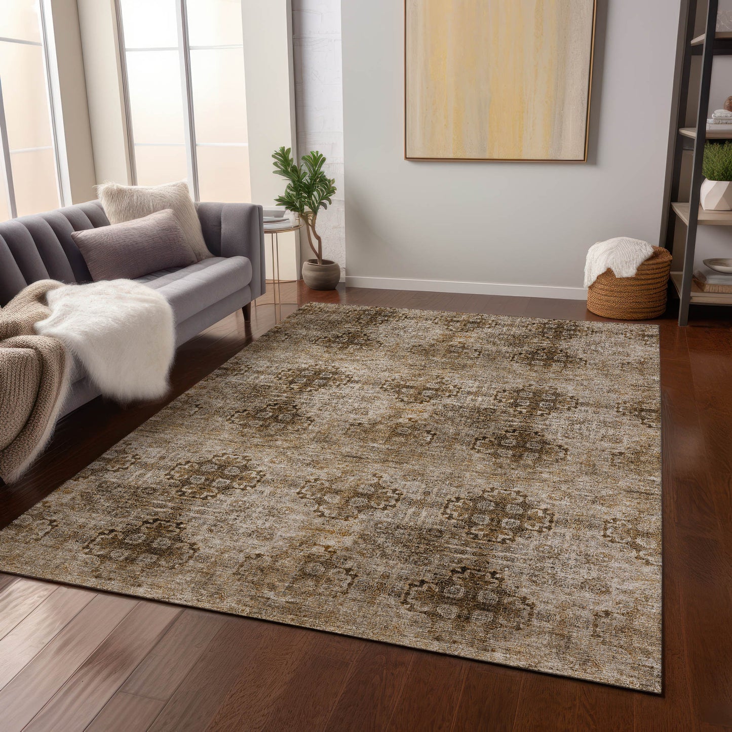 5' X 8' Taupe Floral Medallion Washable Non Skid Indoor Outdoor Area Rug