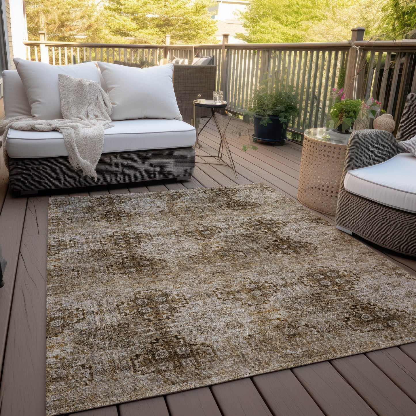 5' X 8' Taupe Floral Medallion Washable Non Skid Indoor Outdoor Area Rug