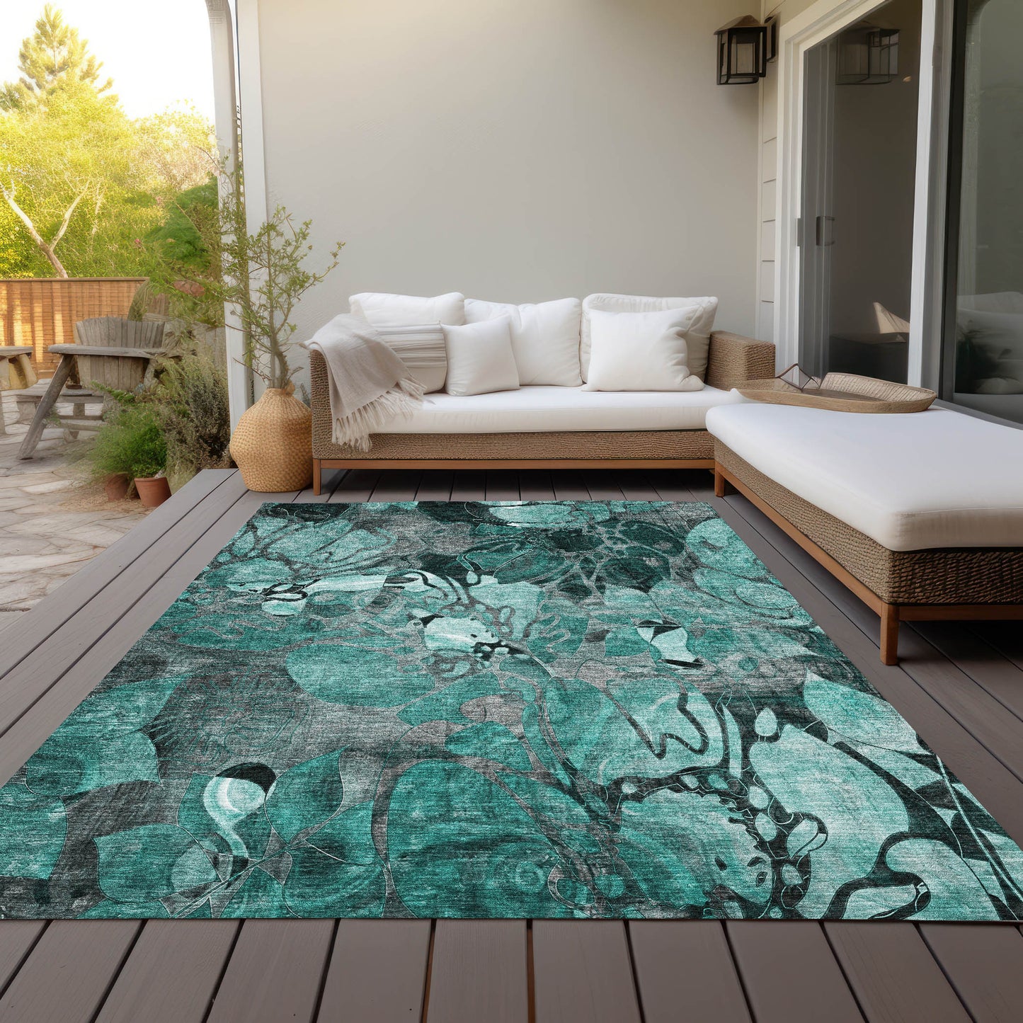 5' X 8' Teal Black and Gray Abstract Washable Indoor Outdoor Area Rug