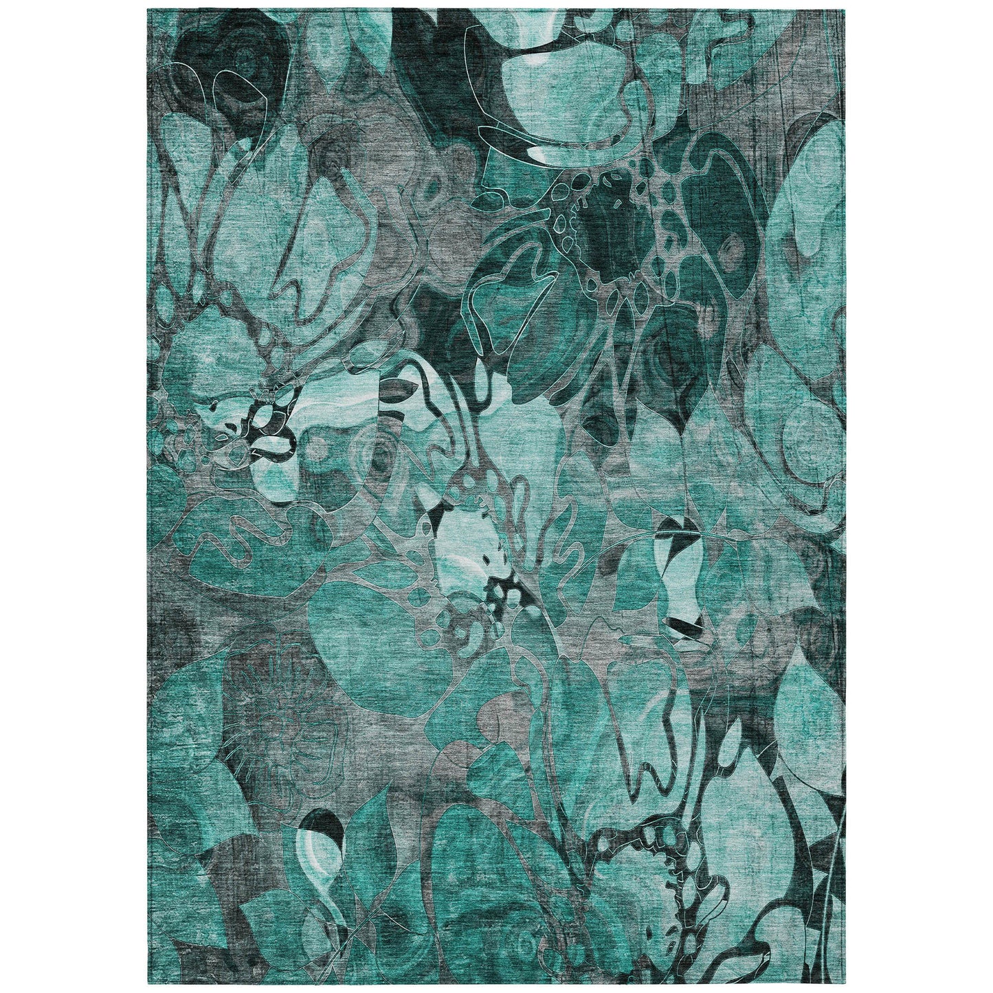 5' X 8' Teal Black and Gray Abstract Washable Indoor Outdoor Area Rug