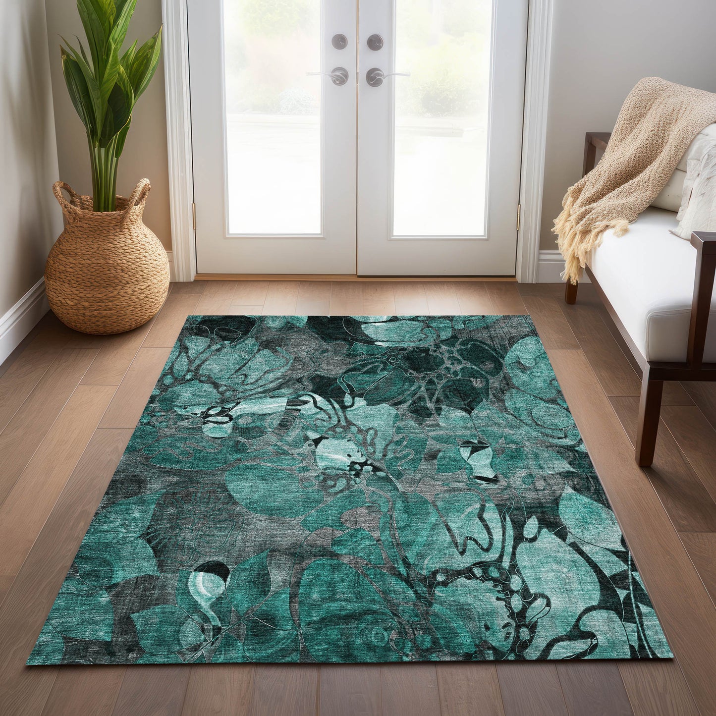 5' X 8' Teal Black and Gray Abstract Washable Indoor Outdoor Area Rug