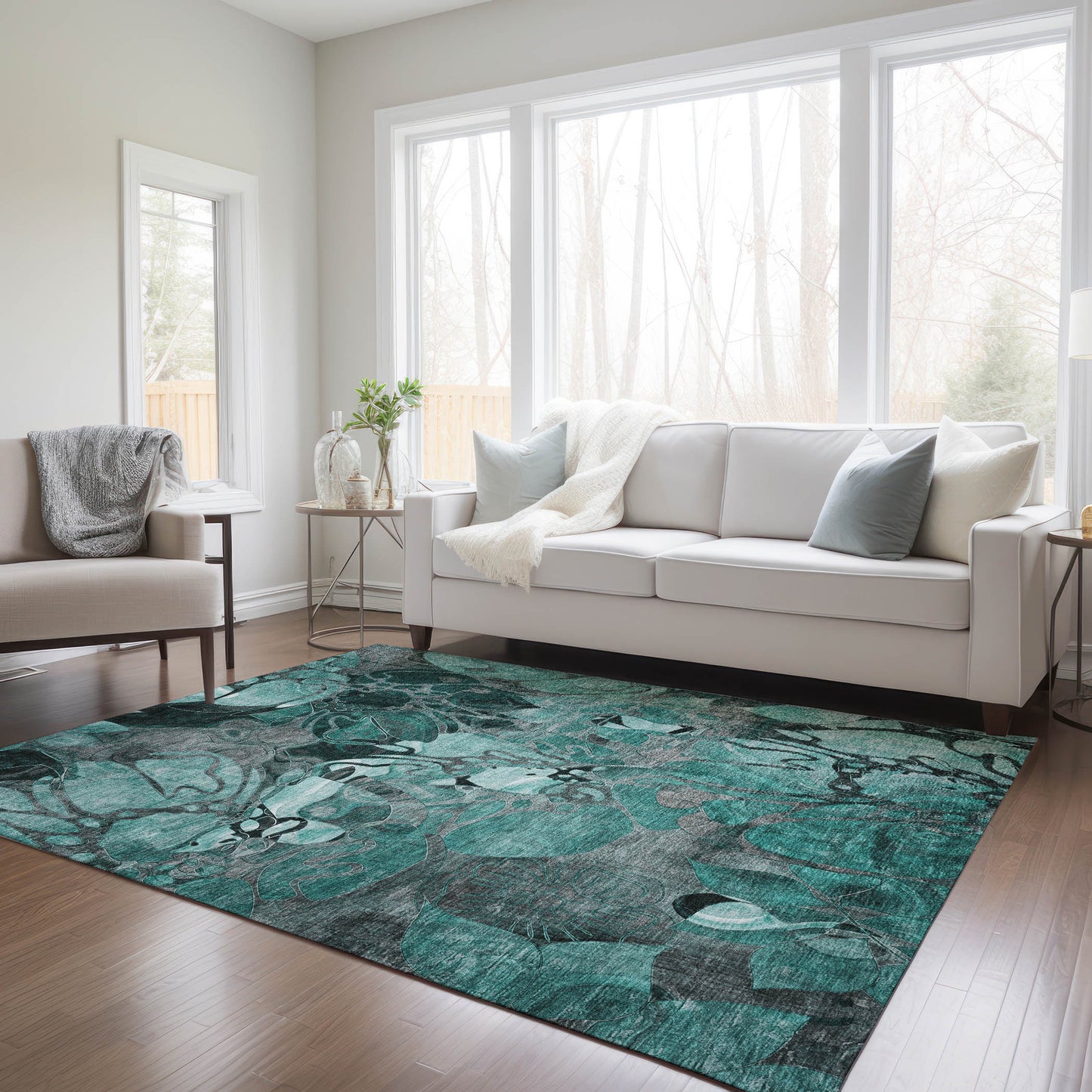 5' X 8' Teal Black and Gray Abstract Washable Indoor Outdoor Area Rug