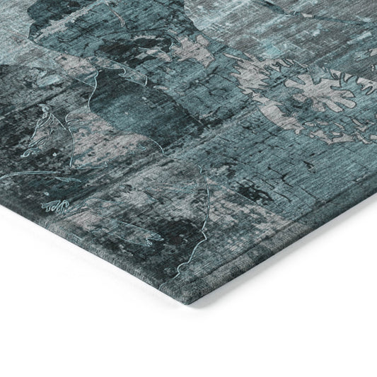 5' X 8' Teal and Gray Floral Washable Non Skid Indoor Outdoor Area Rug