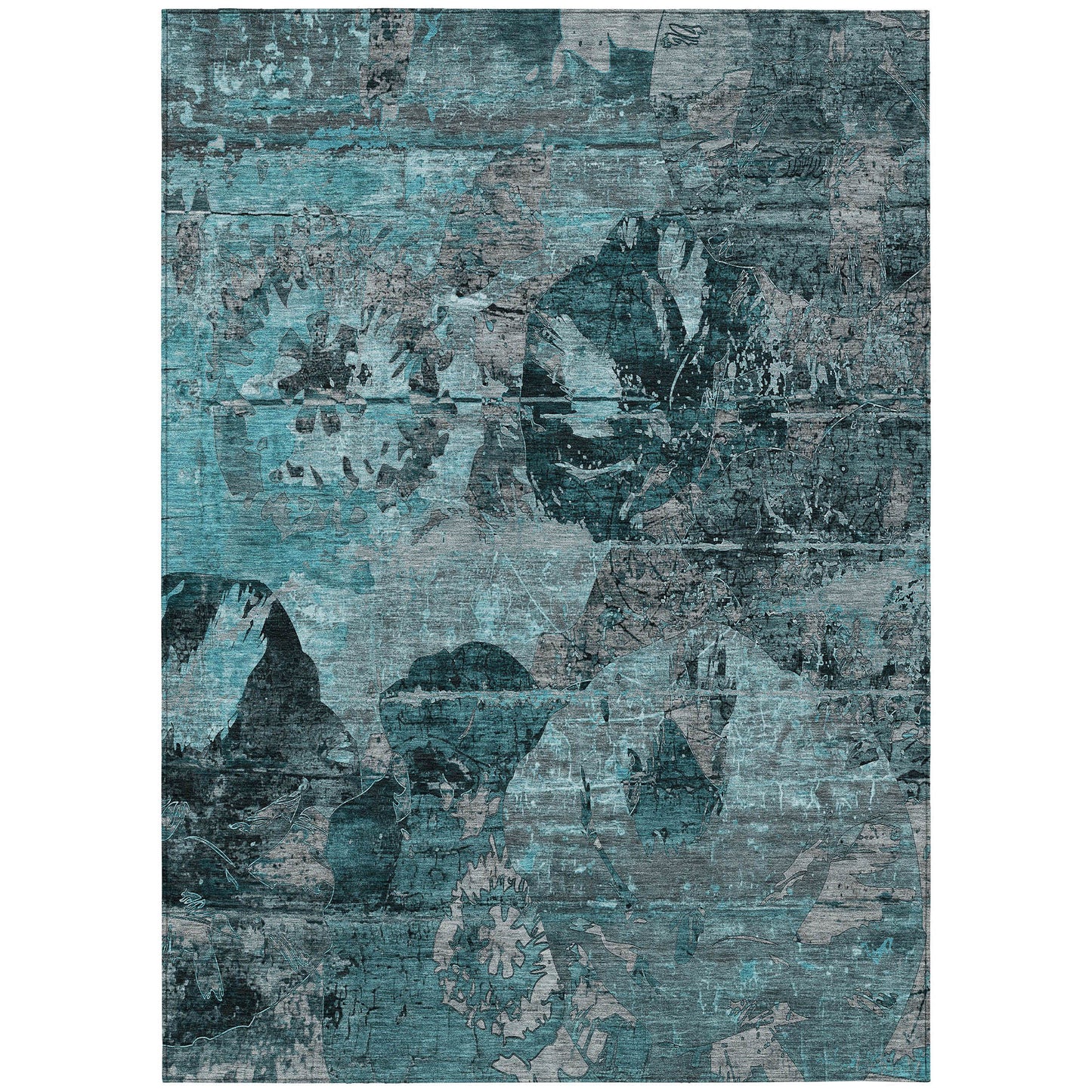 5' X 8' Teal and Gray Floral Washable Non Skid Indoor Outdoor Area Rug