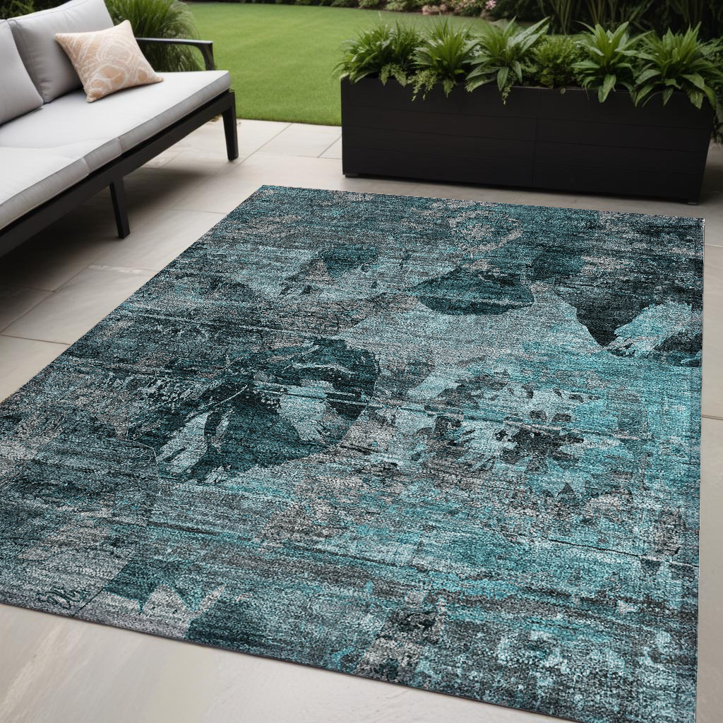 5' X 8' Teal and Gray Floral Washable Non Skid Indoor Outdoor Area Rug