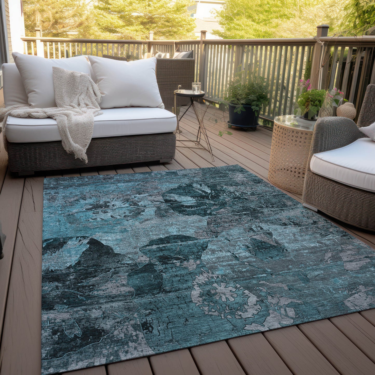 5' X 8' Teal and Gray Floral Washable Non Skid Indoor Outdoor Area Rug