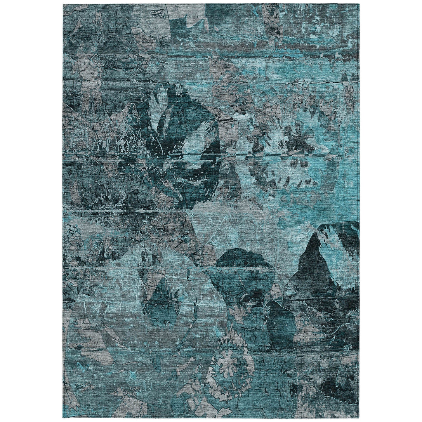 5' X 8' Teal and Gray Floral Washable Non Skid Indoor Outdoor Area Rug