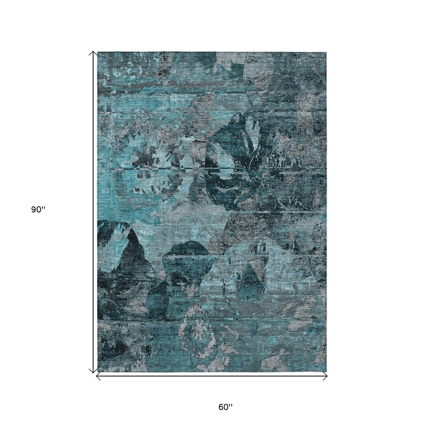 5' X 8' Teal and Gray Floral Washable Non Skid Indoor Outdoor Area Rug