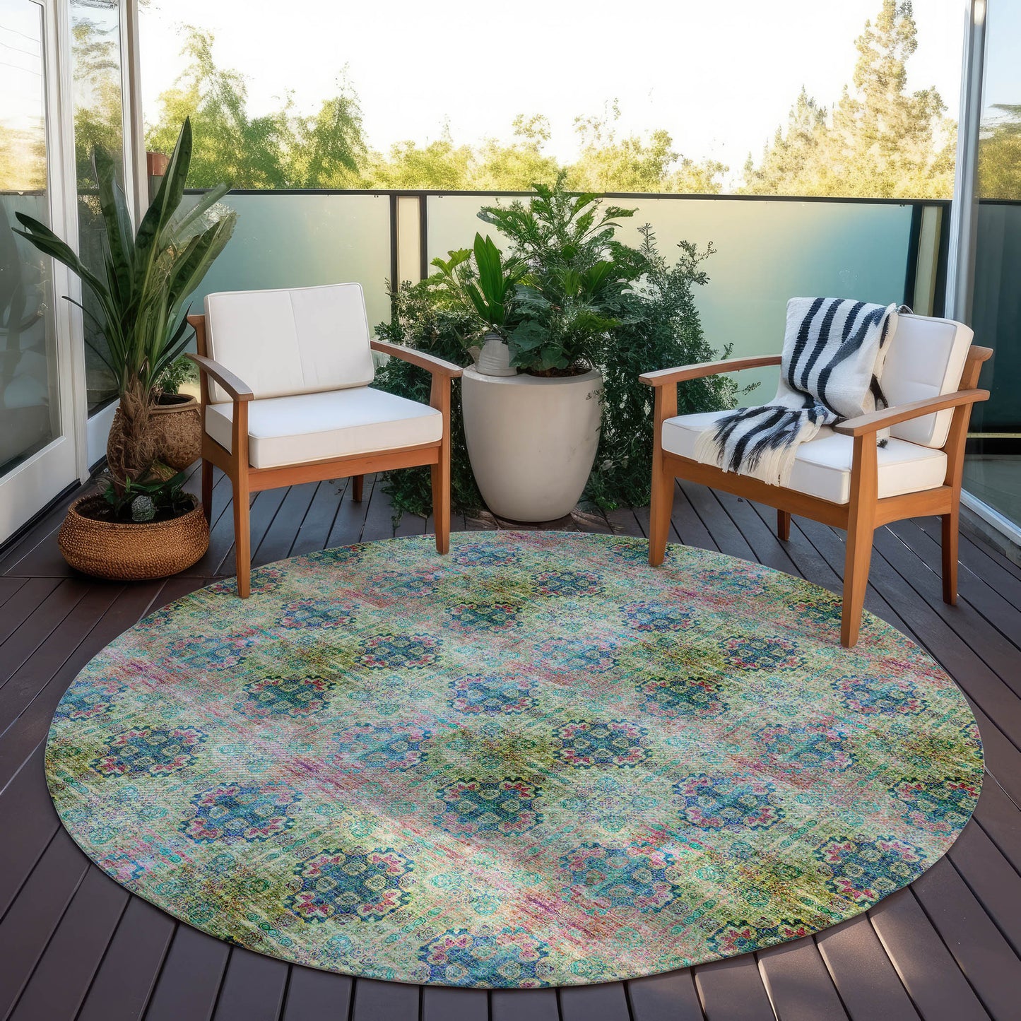 8' X 8' Blue and Green Round Floral Medallion Washable Non Skid Indoor Outdoor Area Rug