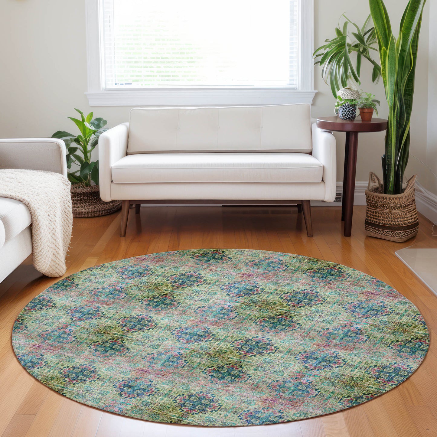 8' X 8' Blue and Green Round Floral Medallion Washable Non Skid Indoor Outdoor Area Rug