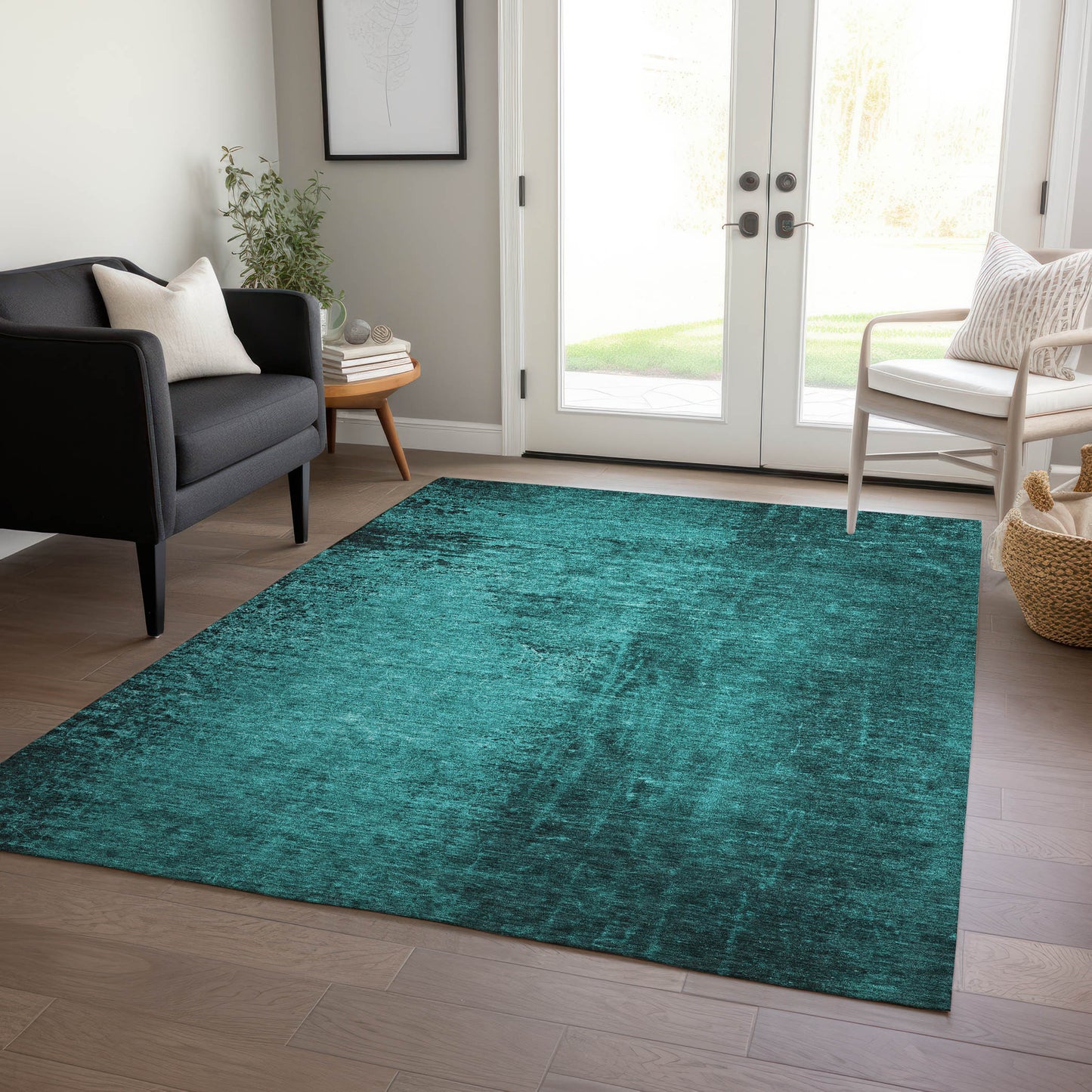 5' X 8' Teal Abstract Washable Non Skid Indoor Outdoor Area Rug