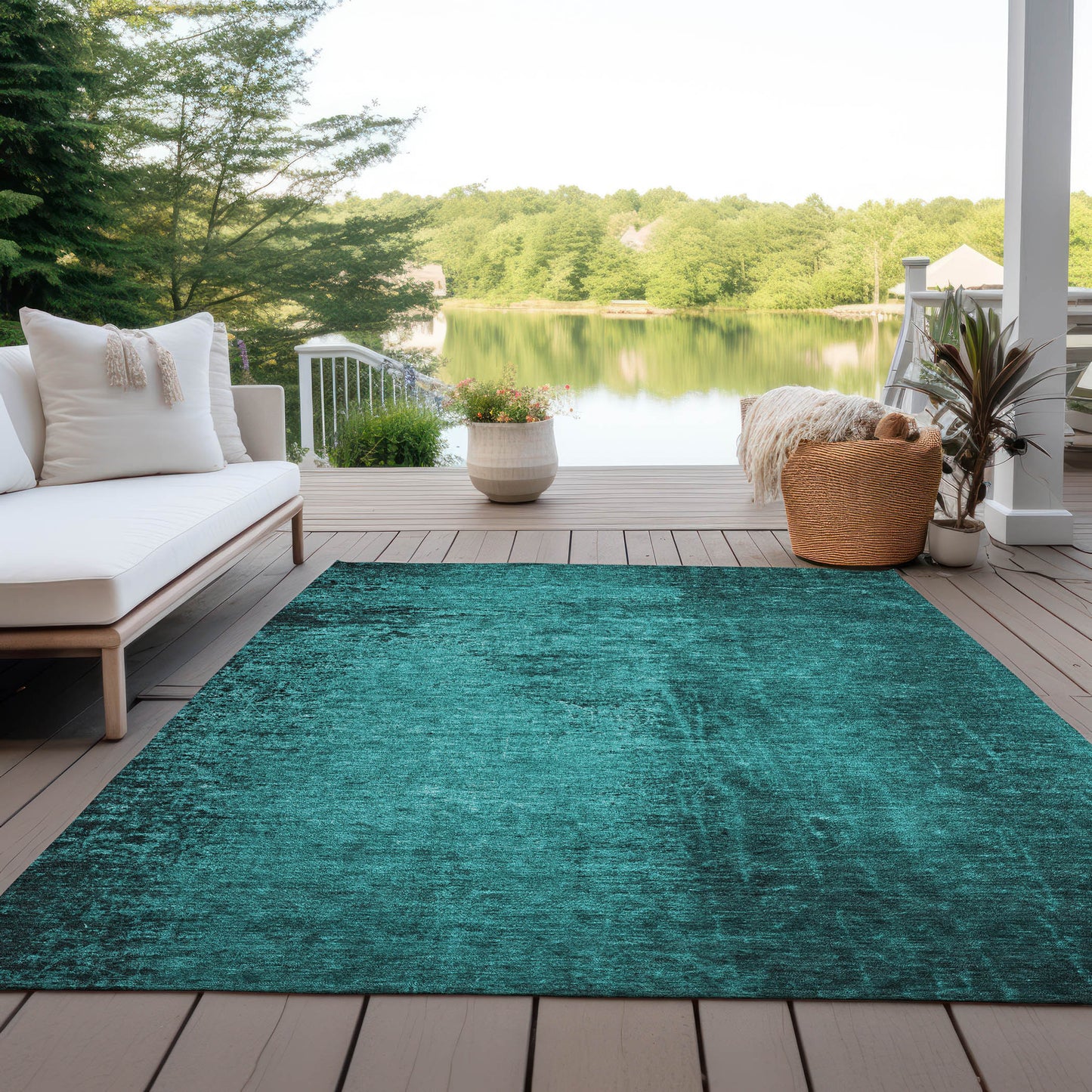 5' X 8' Teal Abstract Washable Non Skid Indoor Outdoor Area Rug