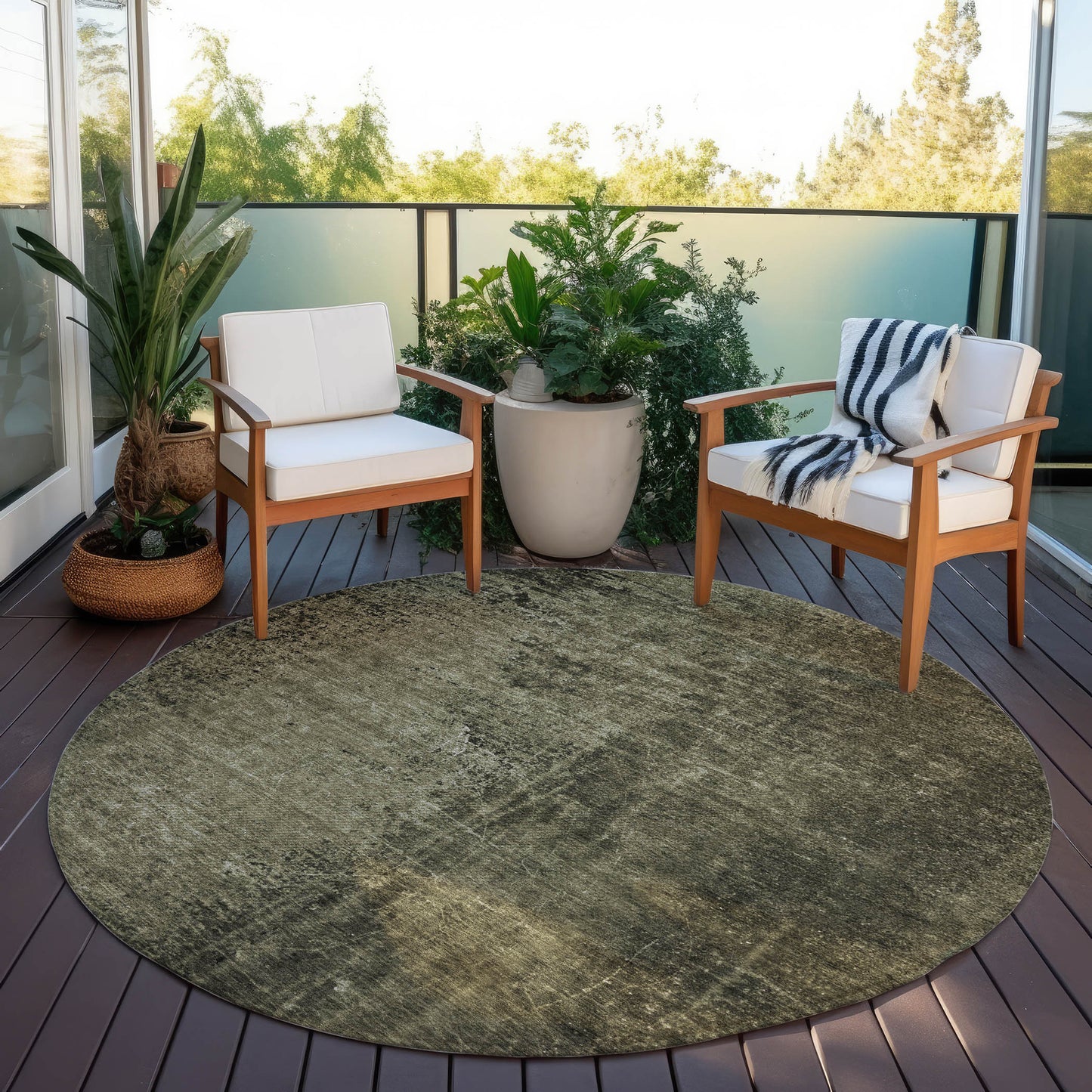 8' Round Gray Round Abstract Washable Non Skid Indoor Outdoor Area Rug