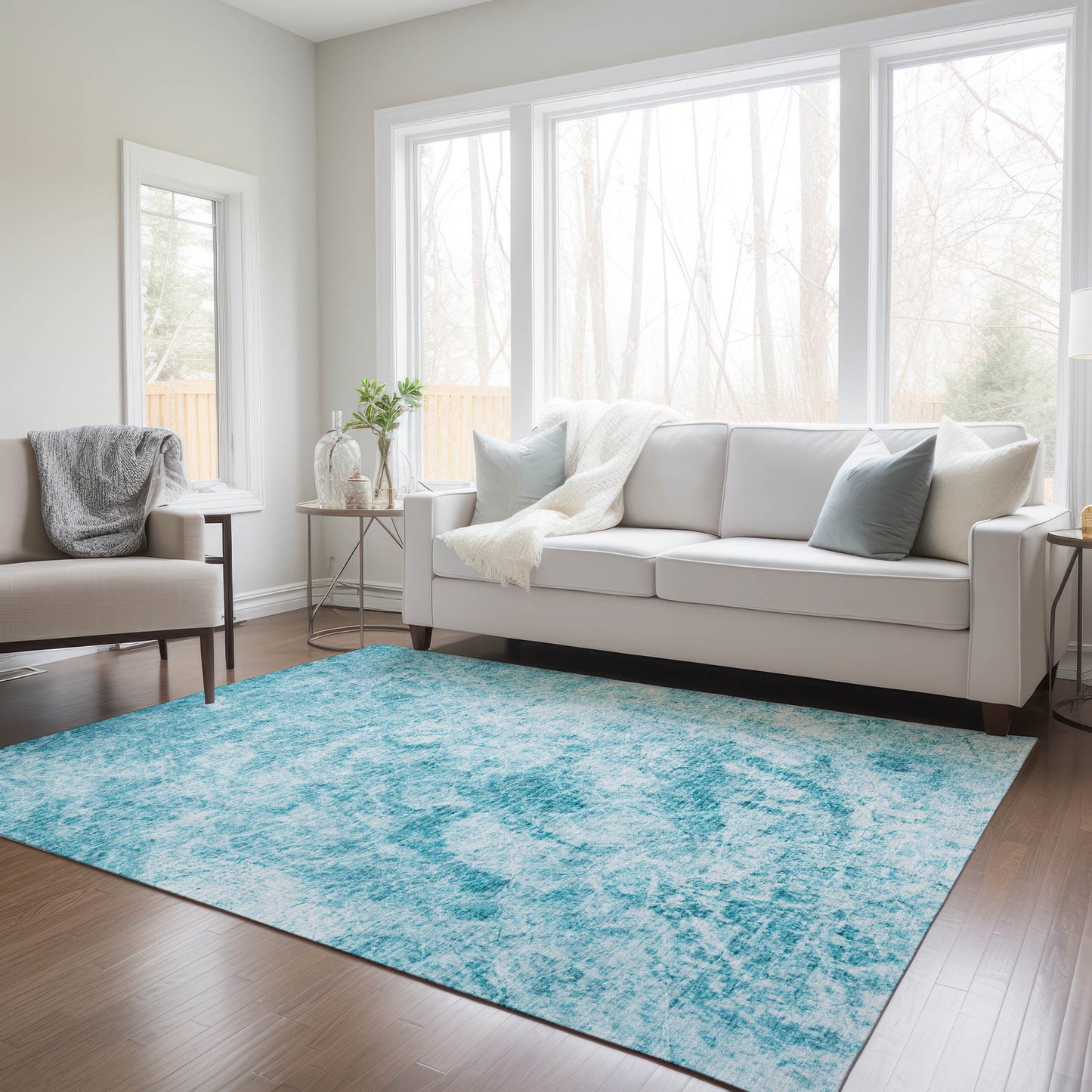 5' X 8' Teal Abstract Washable Non Skid Indoor Outdoor Area Rug