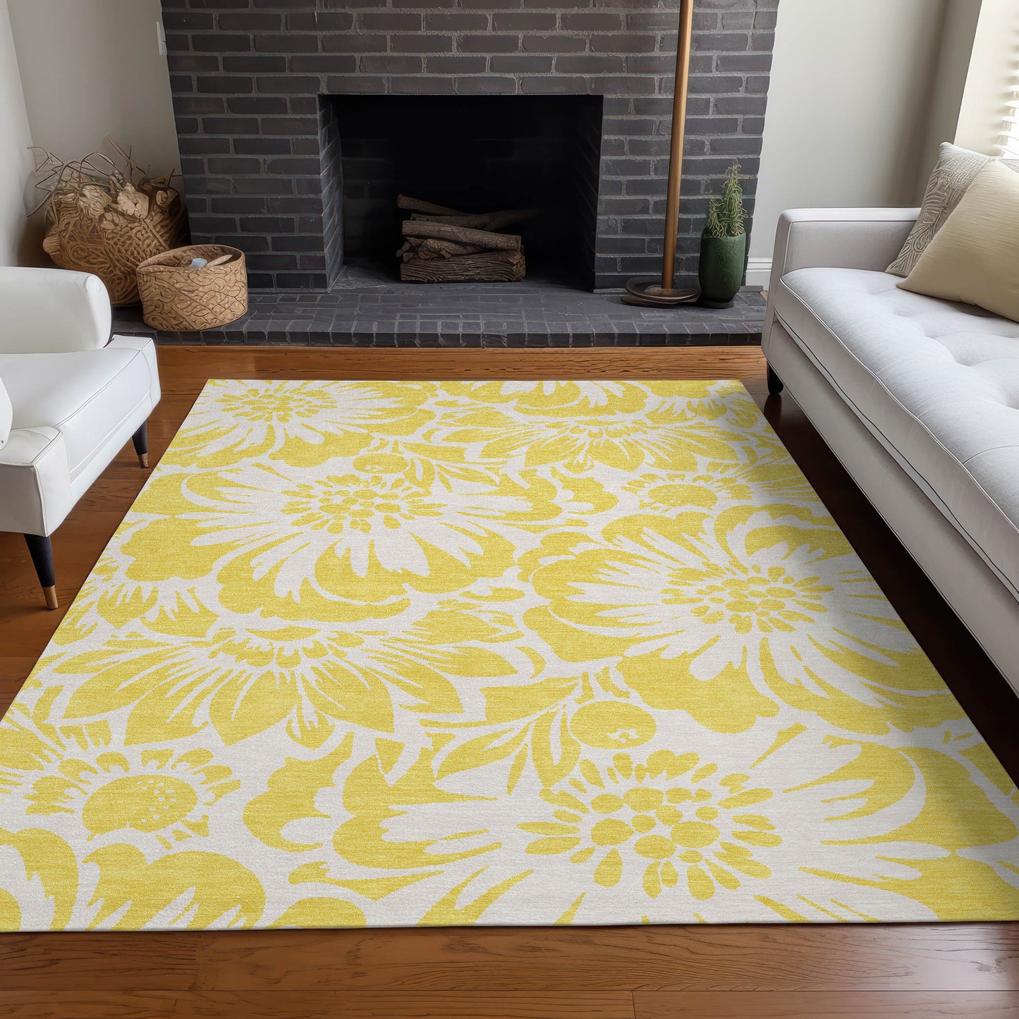 5' X 8' Yellow and Ivory Floral Washable Non Skid Indoor Outdoor Area Rug