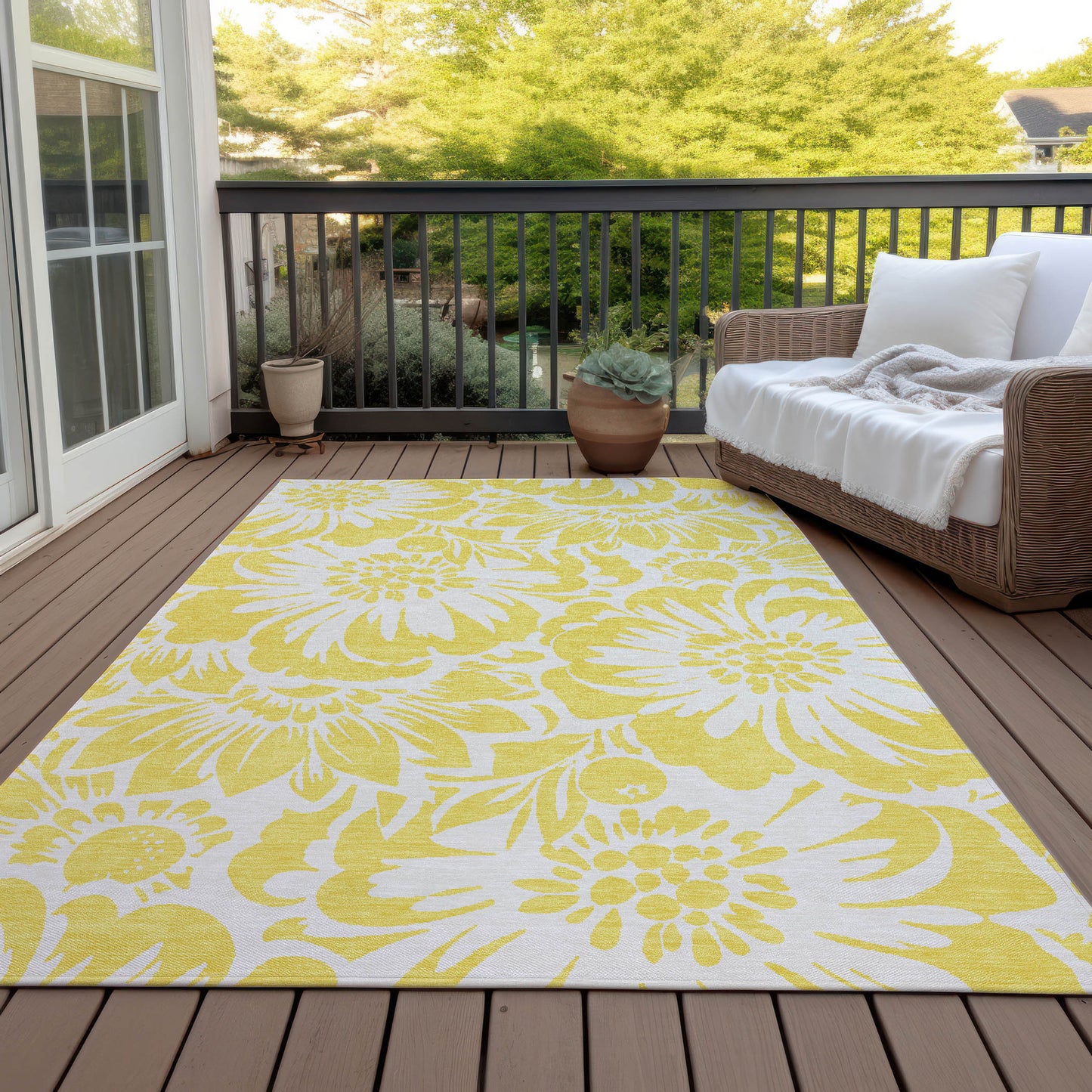 5' X 8' Yellow and Ivory Floral Washable Non Skid Indoor Outdoor Area Rug