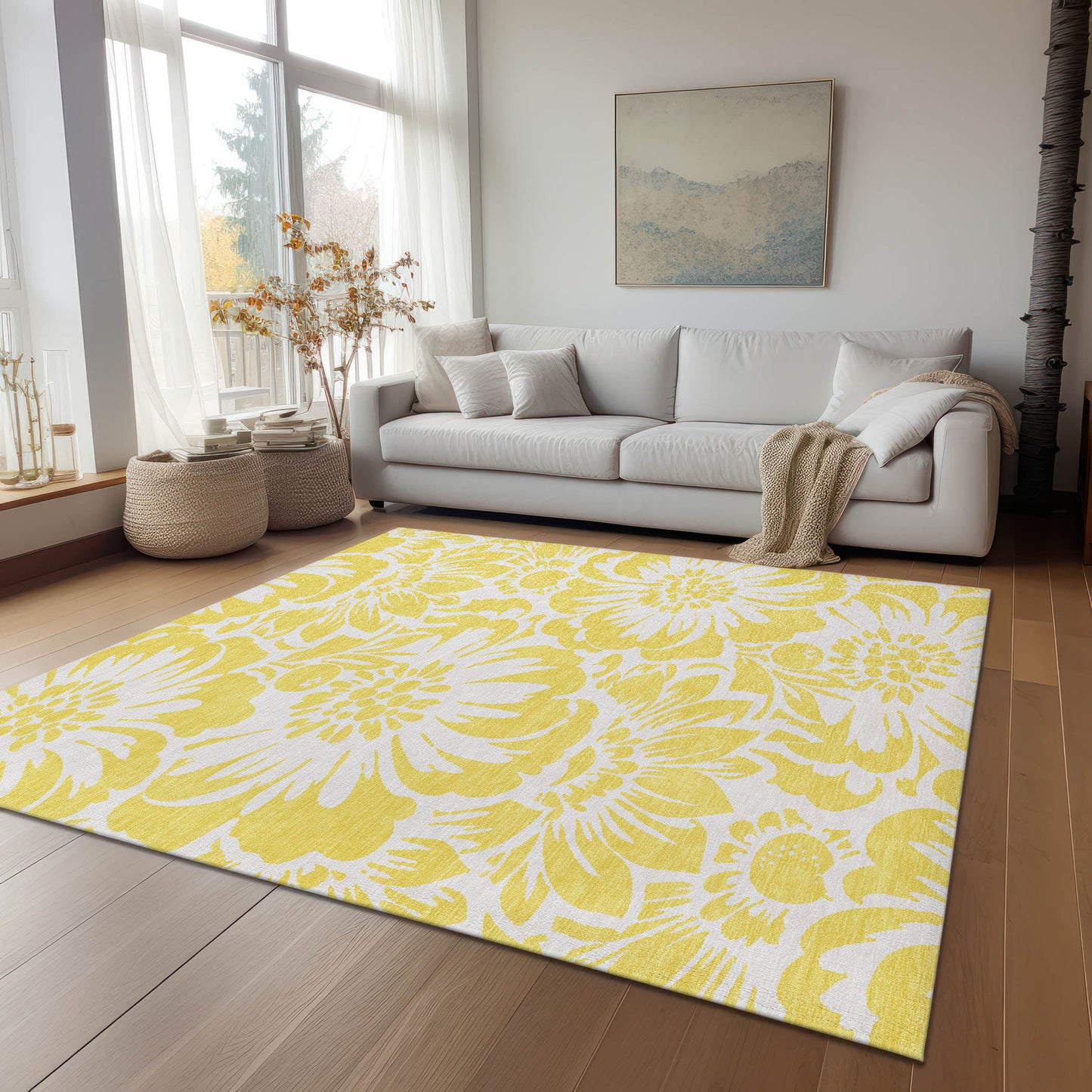 5' X 8' Yellow and Ivory Floral Washable Non Skid Indoor Outdoor Area Rug