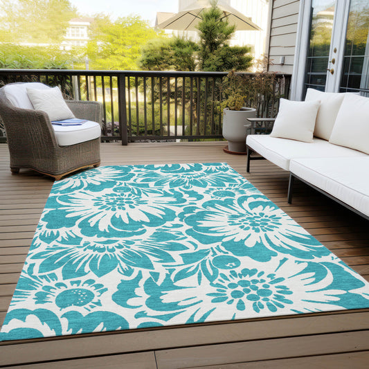 5' X 8' Teal and Ivory Floral Washable Non Skid Indoor Outdoor Area Rug