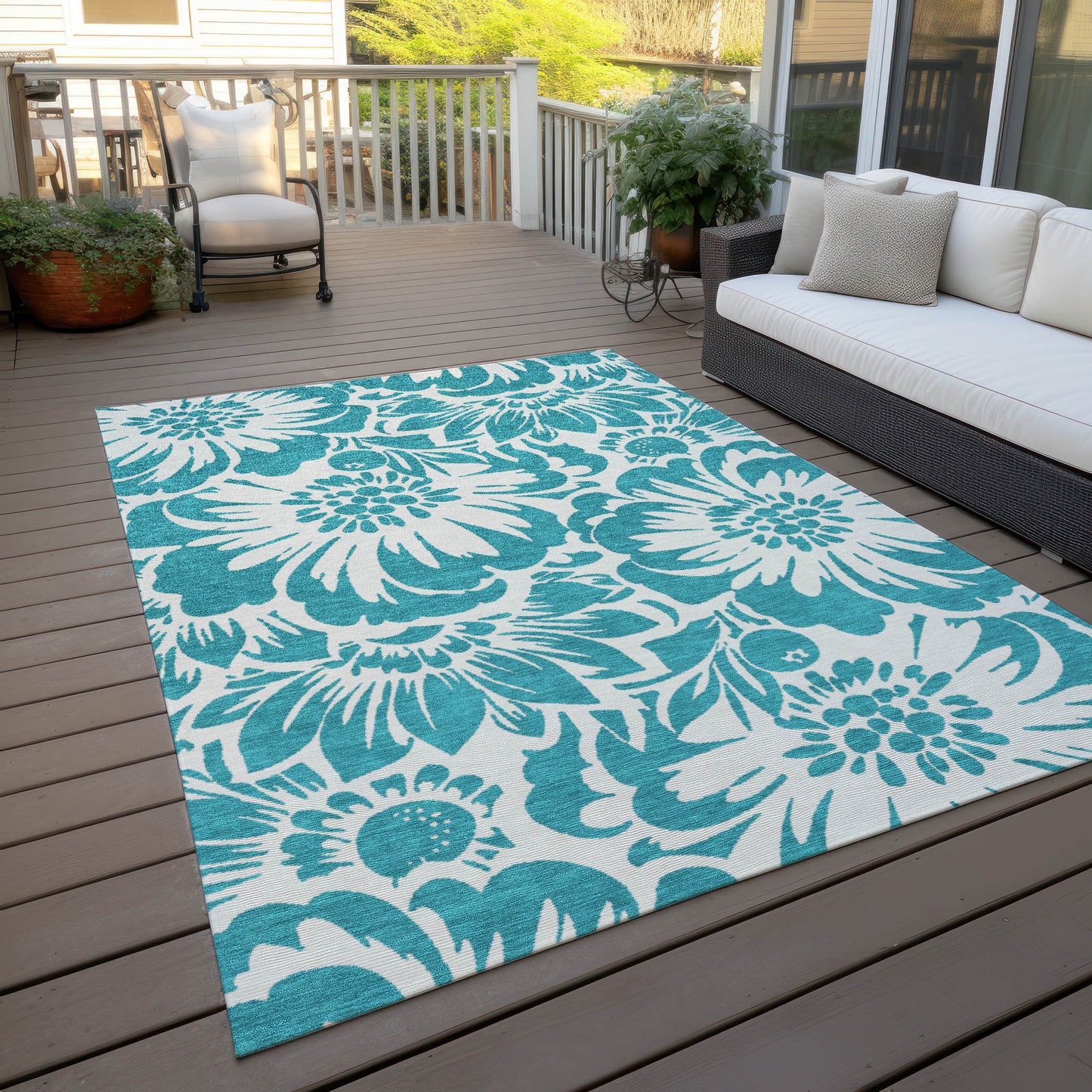 5' X 8' Teal and Ivory Floral Washable Non Skid Indoor Outdoor Area Rug