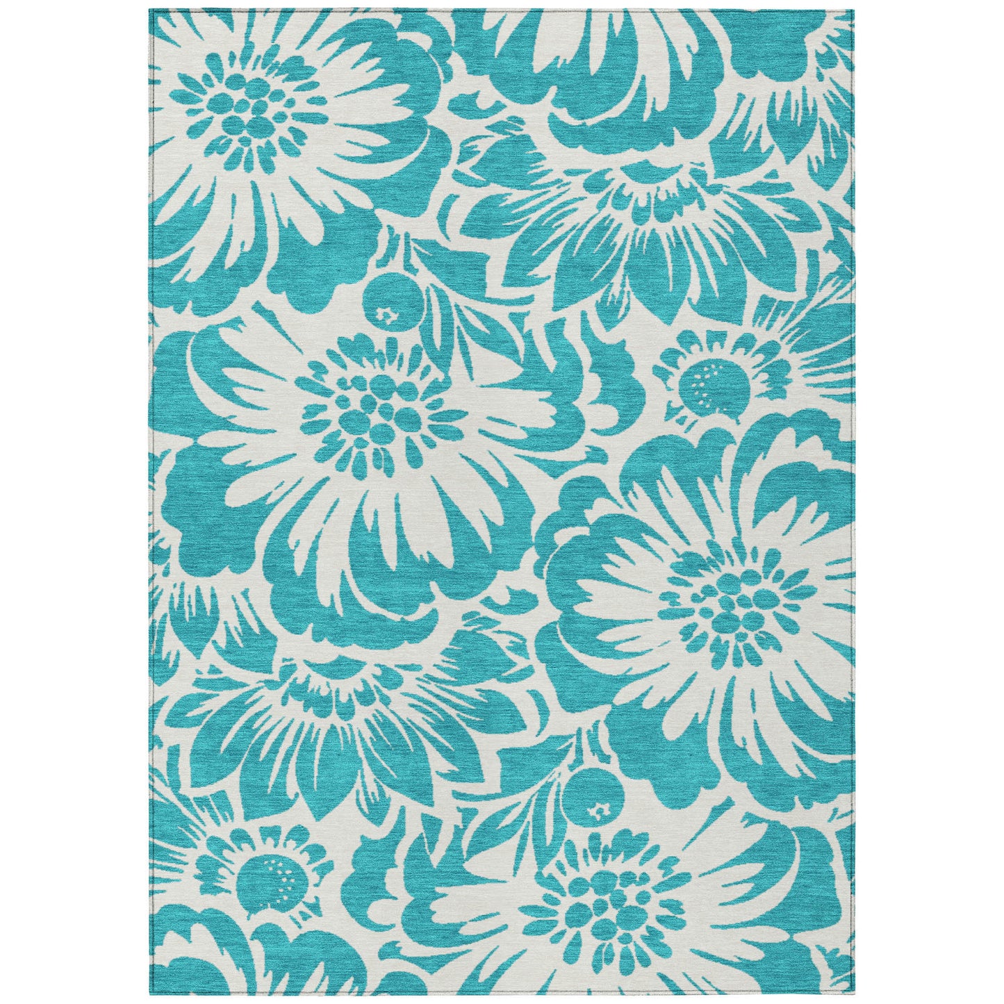 5' X 8' Teal and Ivory Floral Washable Non Skid Indoor Outdoor Area Rug