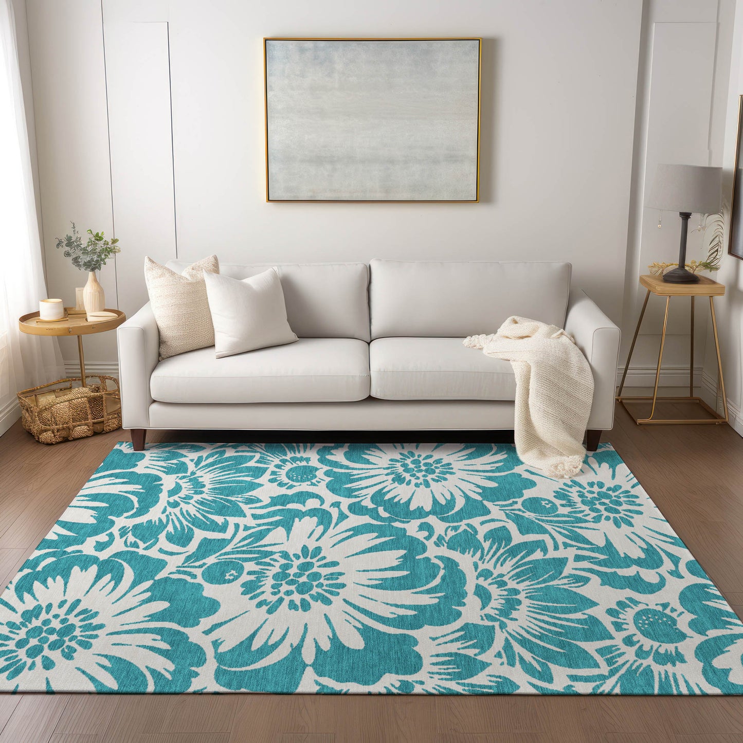 5' X 8' Teal and Ivory Floral Washable Non Skid Indoor Outdoor Area Rug