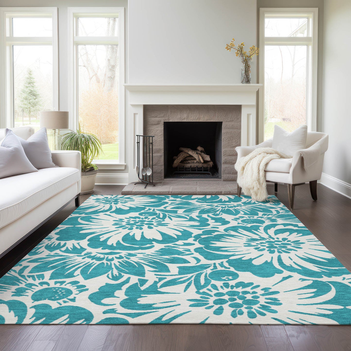 5' X 8' Teal and Ivory Floral Washable Non Skid Indoor Outdoor Area Rug