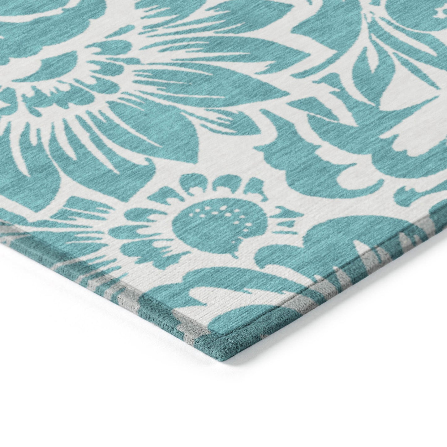 5' X 8' Teal and Ivory Floral Washable Non Skid Indoor Outdoor Area Rug