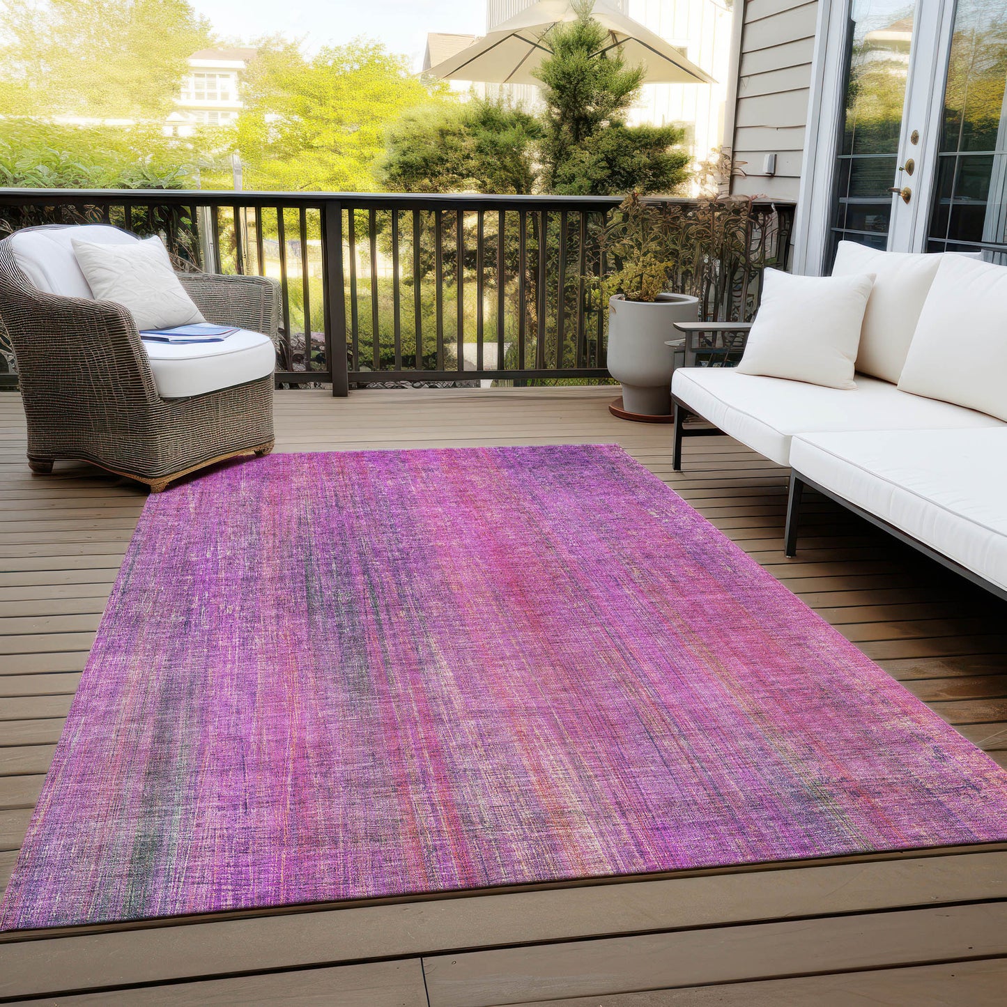 5' X 8' Lilac Striped Washable Non Skid Indoor Outdoor Area Rug