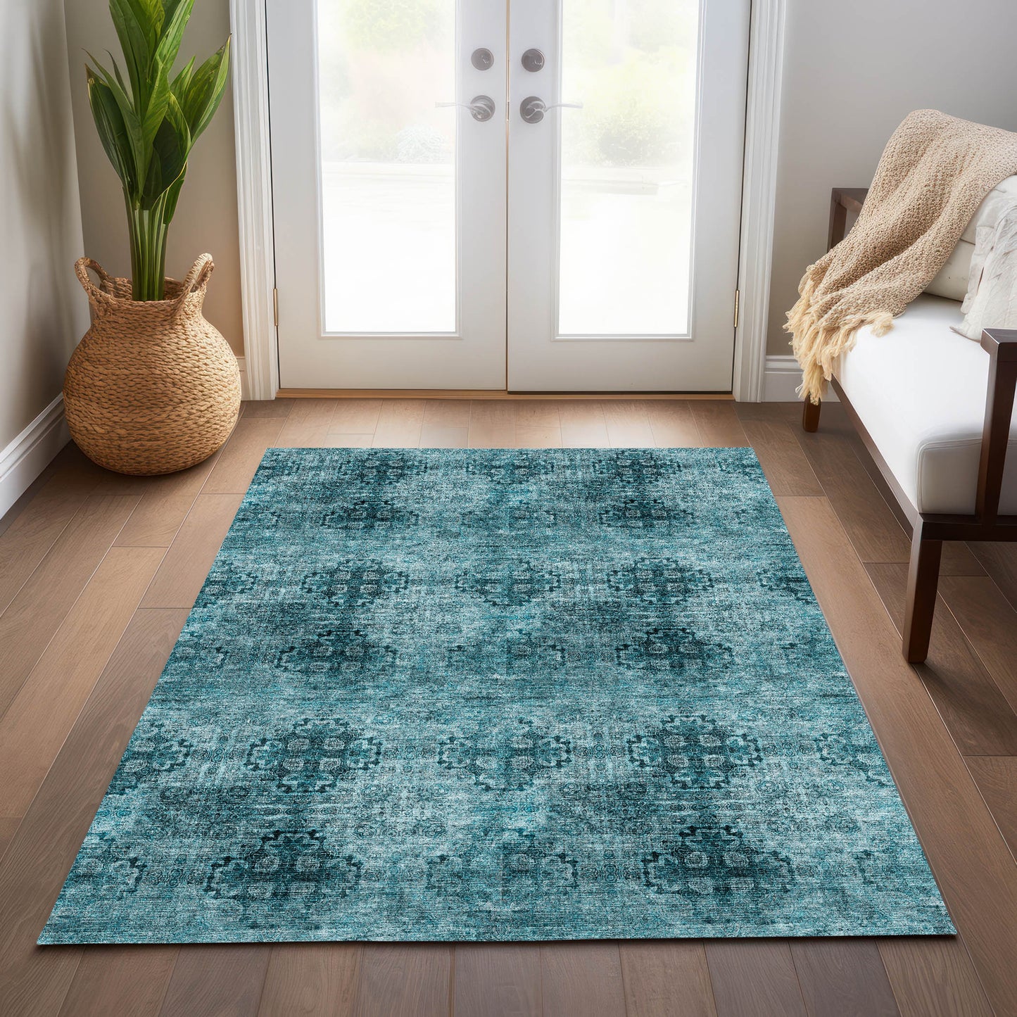 5' X 8' Teal Floral Medallion Washable Non Skid Indoor Outdoor Area Rug