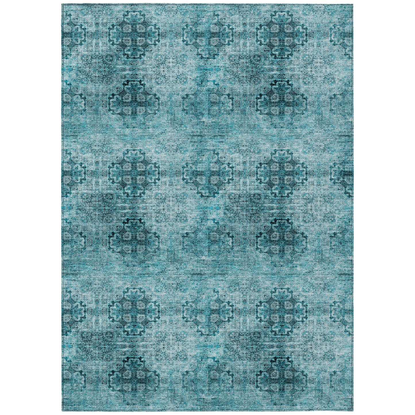 5' X 8' Teal Floral Medallion Washable Non Skid Indoor Outdoor Area Rug